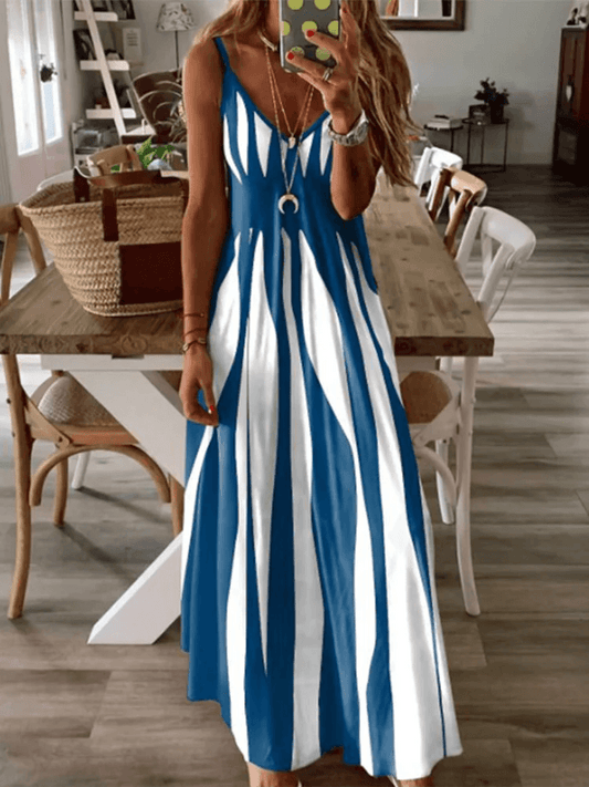 Sexy Sleeveless Dress Women Black White Stripe Printed Long Dresses Summer Casual Vacation Party Dress Robe - Chicmei
