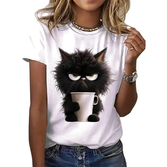 Funny Cat Women Summer White Print T-shirt Girl Casual Short Sleeve O Neck Top For Summer Female Animal Clothing - Chicmei