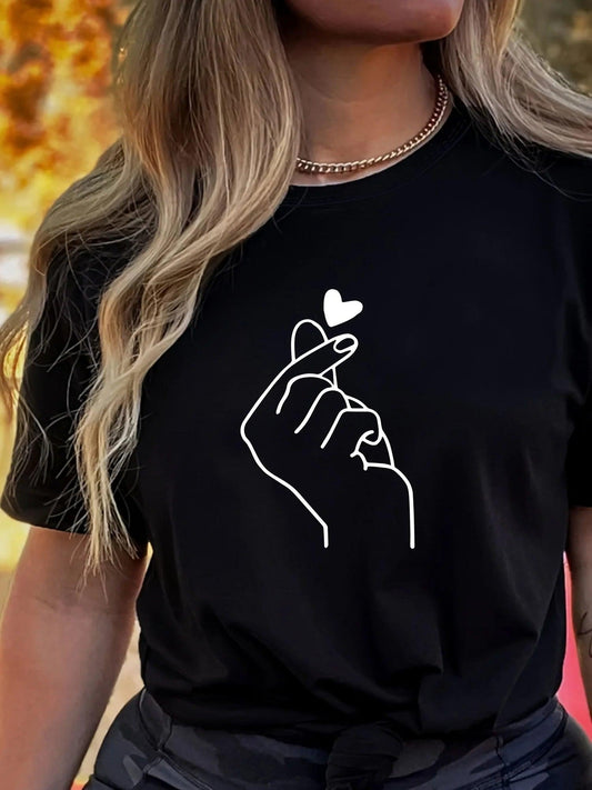 Cute Print Solid Crew Neck T-Shirt, Short Sleeve Casual Every Day Top For All Season, Women's Clothing - Chicmei