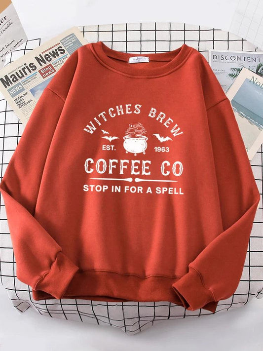 Witches Brew Coffee Letter Printing Simple Solid Color Letter Printing Womens Sweatshirts Long Sleeves Warm Pullover Clothes - Chicmei