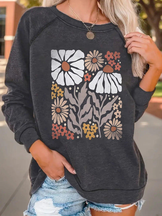 Bohemian floral wildflower print sweatshirt crew neck casual sweatshirt Fall/Winter women's shoulder hoodie - Chicmei