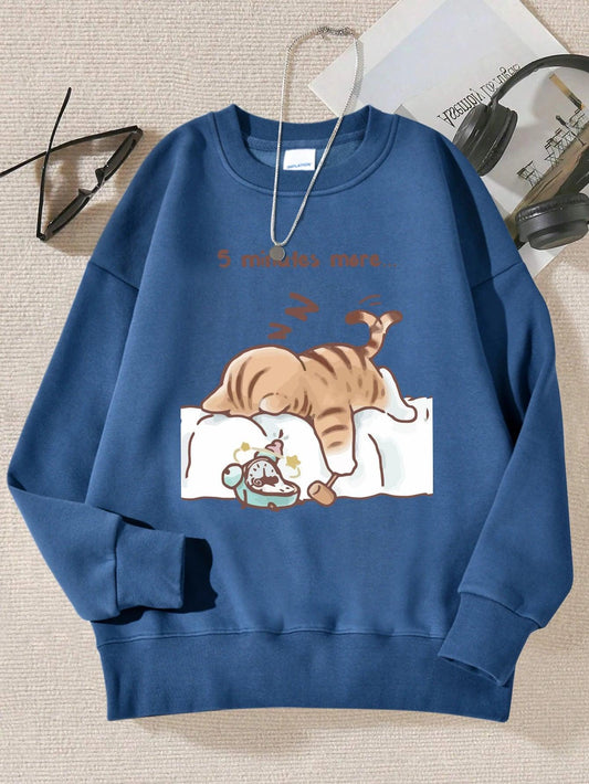 The Cat That Always Wants To Sleep Pattern Printed Hooded Women Simple Warm Autumn Sweatshirt Street Casual Unisex Pullovers - Chicmei
