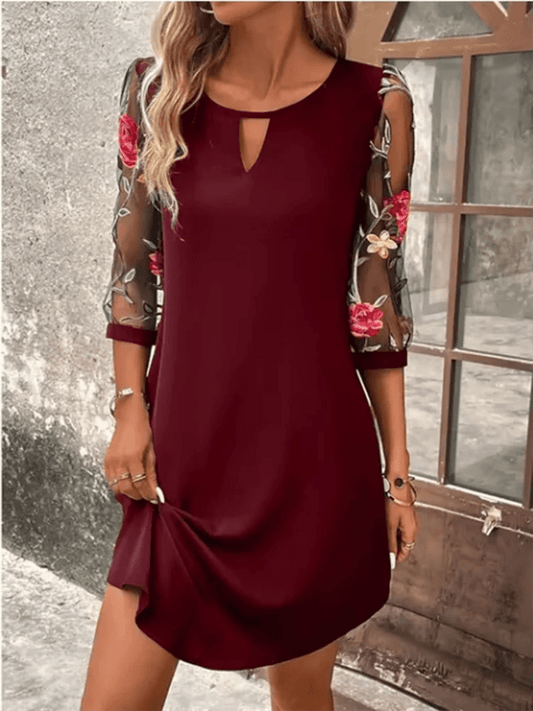 4 Solid Color Transparent Mid Sleeve Dress Women's Floral Printed Round Neck Dress Sexy Dating Party Dress - Chicmei