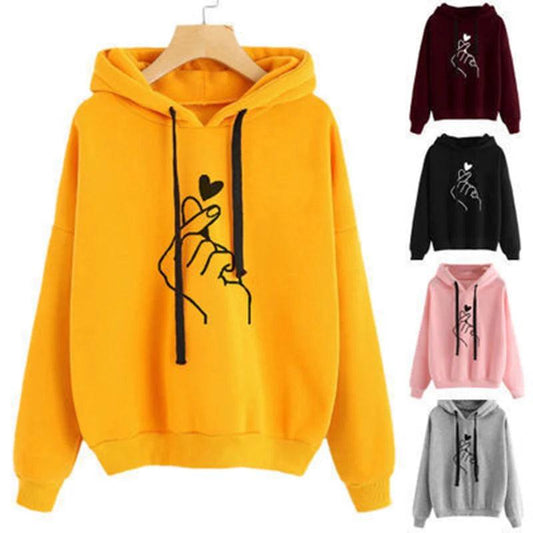 Autumn Fleece Hoodie Solid Color Finger Heart Hooded Korean Fashion Sweatshirts Long Sleeve Top Drawstring Pockets Loose Hoodies - Chicmei