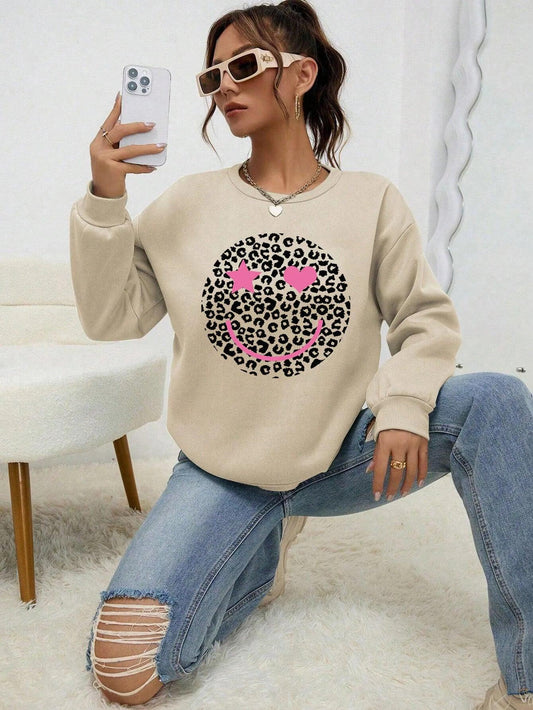 Leopard Print Happy Face Love Printed Sweatshirt Womens Autumn Soft Hoody Fleece Warm Hoodies Street All-Match Female Pullover - Chicmei