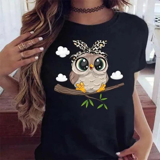 Cartoon Owl Print T Shirt Women Kawaii Graphic Shirts Casual Short Sleeved Black Female Tee O-neck Harajuku T-shirts - Chicmei